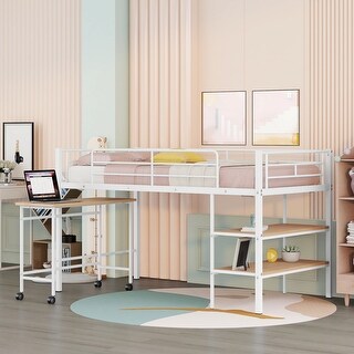White Twin Size Metal Loft Bed with Desk and Shelves for Kids