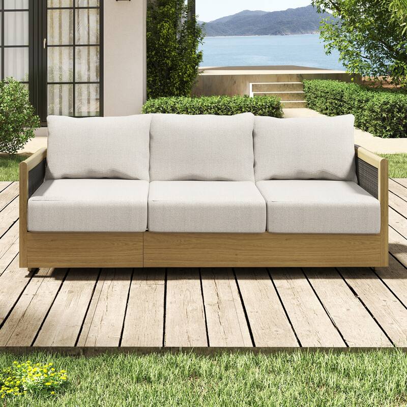 Overture 3-Person Natural Wood Grain Aluminum Hand-Woven Rope 3-seater Patio Sofa Chair with Beige Cushions