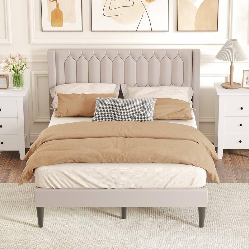 Modern Queen Velvet Upholstered Bed Frame with Cushioned Wingback and 10 Legs Slatted Platform