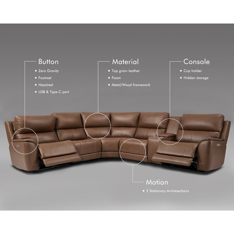 123" W Premium Genuine Leather Triple-Power Double Width Sectional Sofa with Console, Zero Gravity, USB & Type-C Ports
