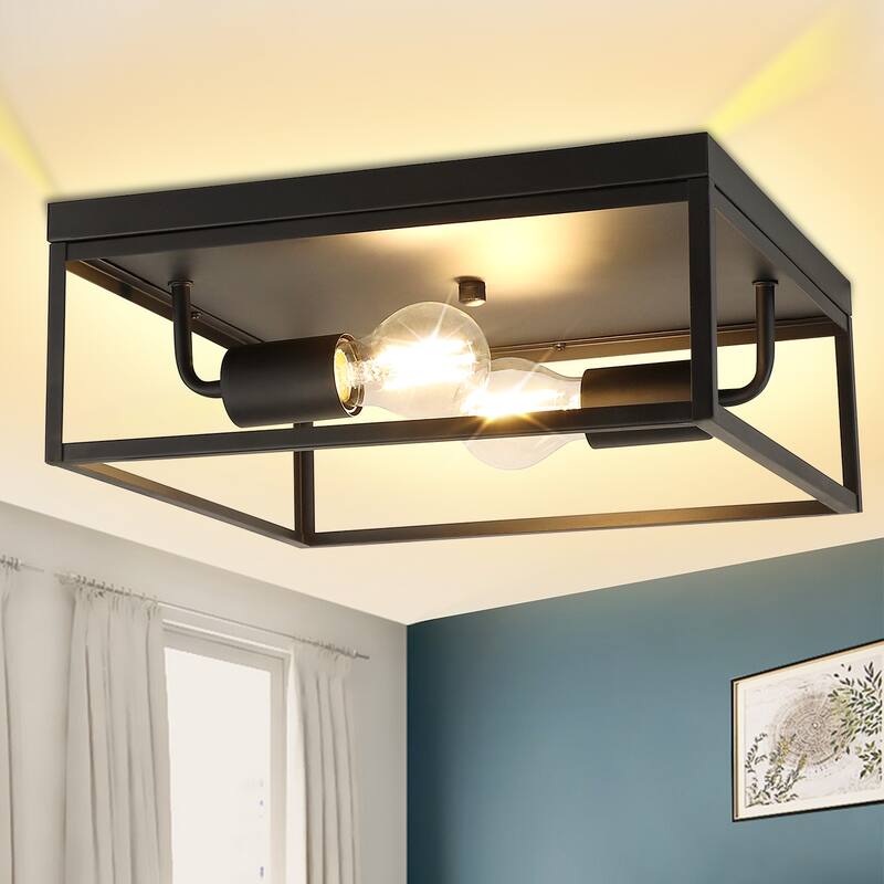 Depuley Industrial Metal Flush Mount Ceiling light Fixture,2 Light Heads 13-Inch Square Base&Frame - LED Dimmable Matte Black Square Cage
