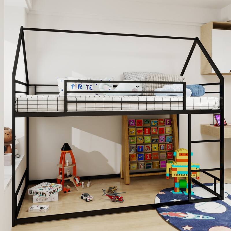 Twin Size Floor Bunk Bed, Iron House Bunk Bed Frame, Twin over Twin, Heavy Duty Metal Slat Support, No Box Spring Needed