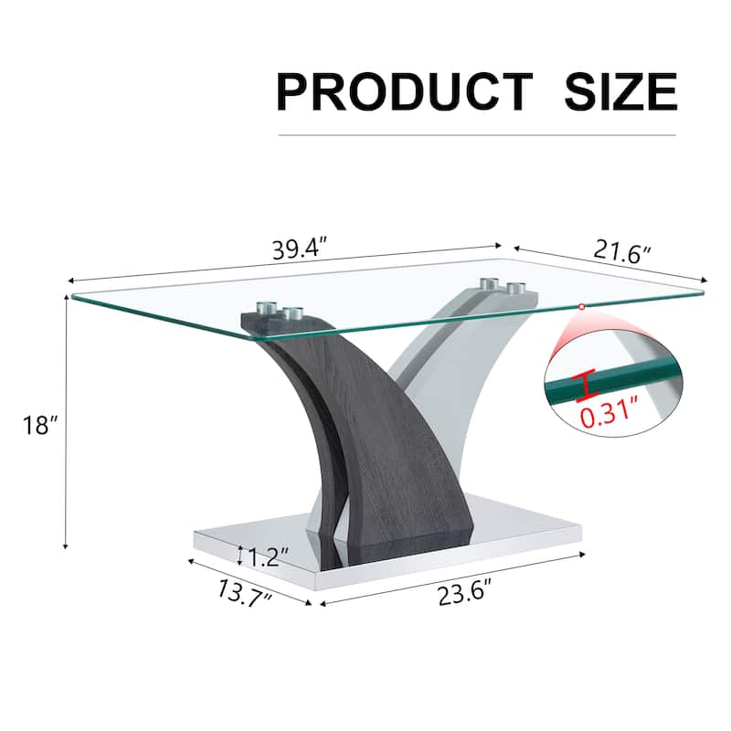 39.4" Modern Rectangular Coffee Table with Tempered Glass Countertop and Artistic MDF Legs