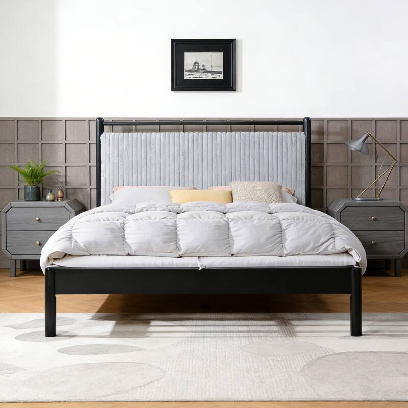 Roomfitters Wood Platform Bed Frame with Plush Upholstered Headboard and Underbed Storage, Grey and Black - Full