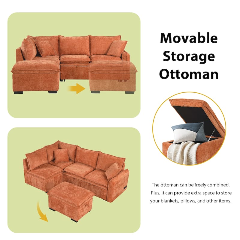 Orange 82.67" L-Shaped 5-Seat Sectional Sofa with Pull-Out Bed, Storage Ottoman, 2 USB Ports, Power Sockets, and 2 Cushions