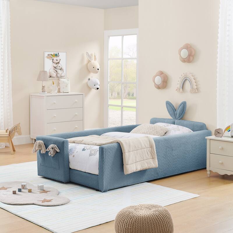 Roomfitters Twin Upholstered Platform Bed with Rabbit Ear Headboard, Safety Rail and Side Pocket, Boucle Fabric