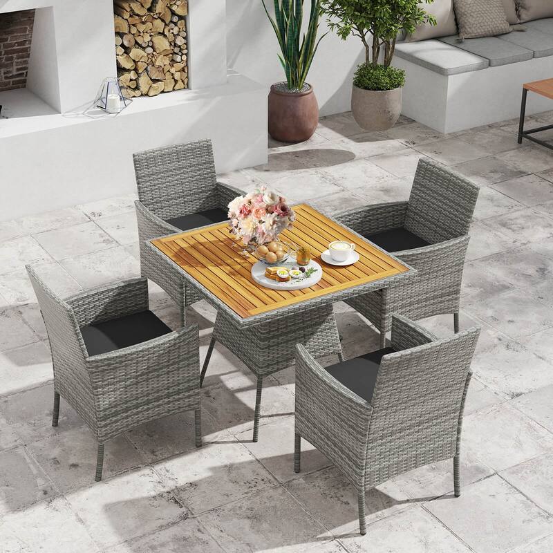 Costway 5 Pieces PE Wicker Patio Dining Set with Cushions and 1.97" - See Details - Mix Gray+Black