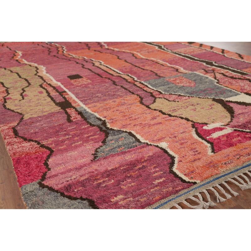 Moroccan Oriental Area Rug Hand-Knotted Abstract Wool Carpet - 8'10" x 12'2"