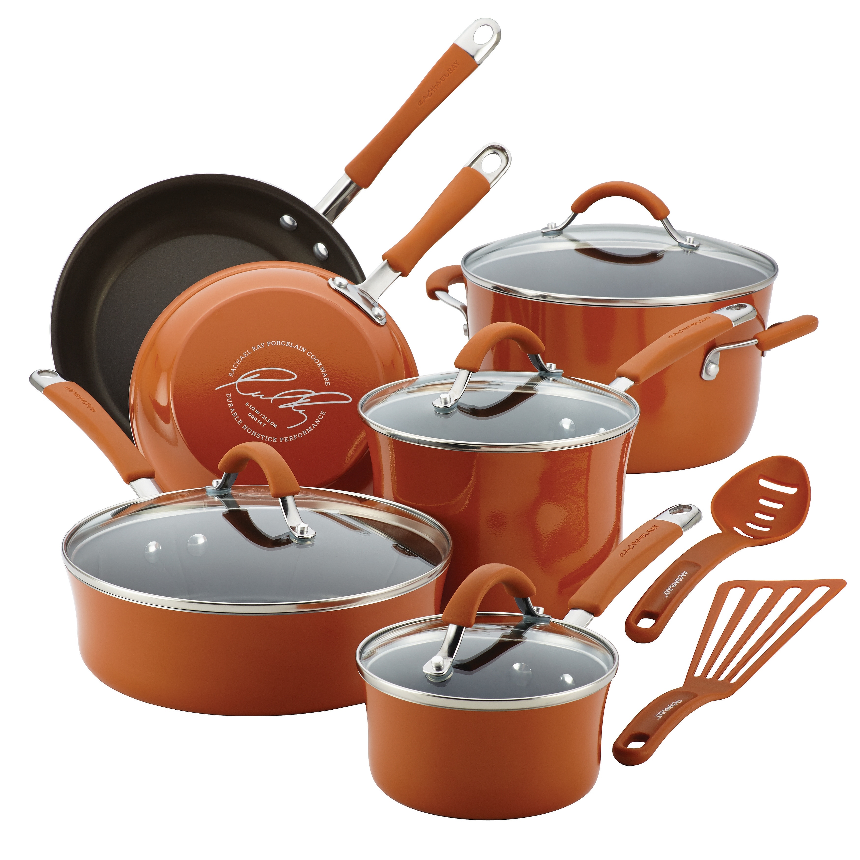 Rachael Ray Classic Brights Hard Enamel Nonstick 14-Piece Cookware Set,  Orange Gradient