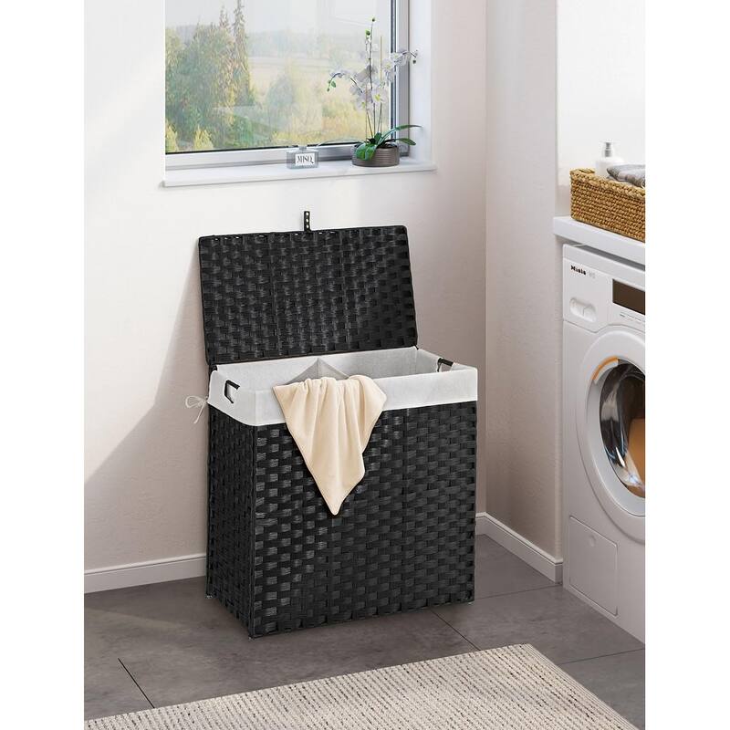 Laundry Hamper with lid,110L Wicker Laundry Baskets Foldable 2 Removable Liner Bags,2 Section Clothes Hamper Handwoven Rattan