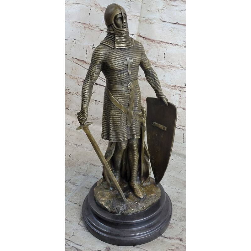 Crusader Knight Templar Bronze Statue Sculpture Figure On Marble Base