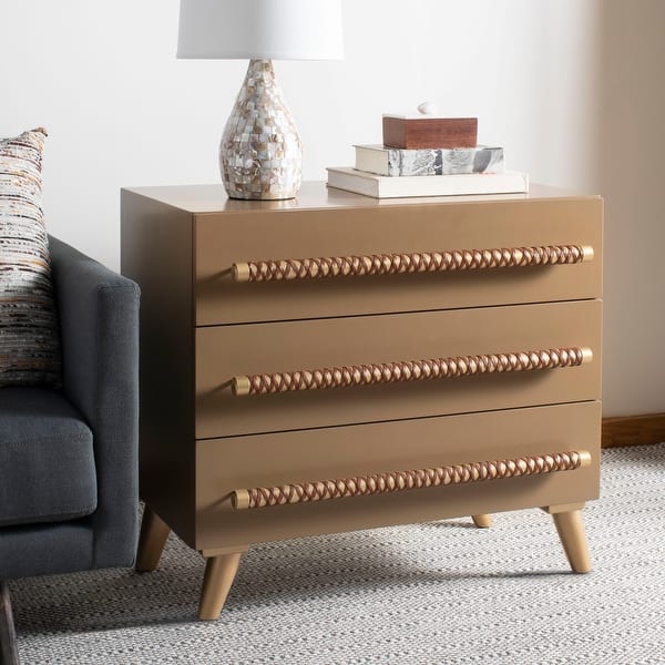 slide 2 of 19, SAFAVIEH Raquel 3-Drawer Storage Bedroom Chest. Taupe/Gold