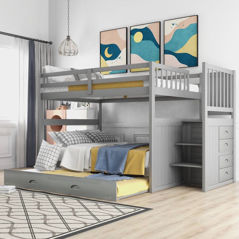 Full Over Full Stairway Bunk Bed, Wood Detachable Bunkbed Bedframe - Gray - Full