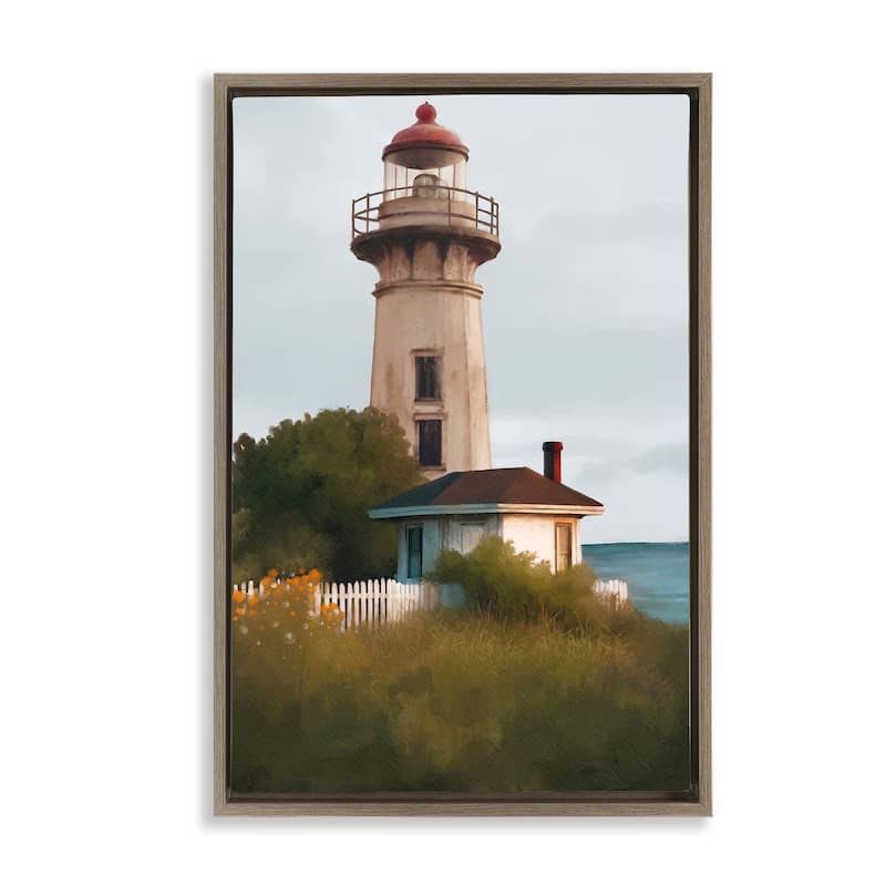 Stupell Scenic Summer Lighthouse View Framed Floater Canvas Wall Art Design By Elizabeth Medley - 17 x 25 - Brown