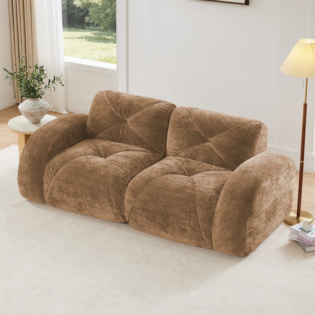 Anmytek Camel Velvet Tufted 2 Seater Cloud Sofa with Anti Slip Design and High Density Sponge for Living Room