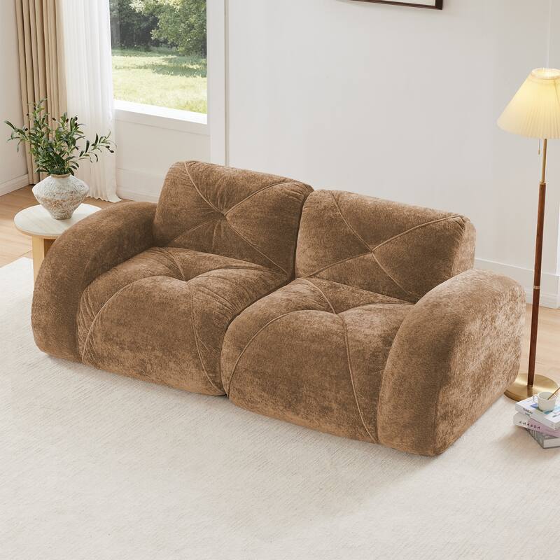 Rossetta 2-Seater Elegant Boneless Design Modular Velvet Fabric Tufted Sofa with Anti-Slip Base, No Assembly Required - Camel