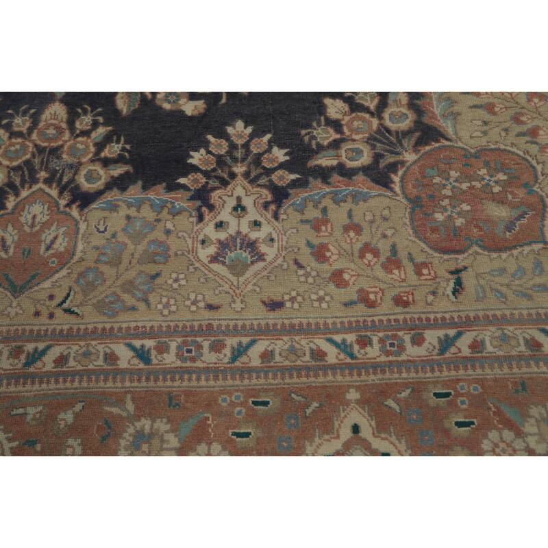 Hand Knotted Oriental 100% Wool Carpet Traditional Floral Navy Blue & Blues Tabriz Area Rug - 12' 1'' X 9' 4''