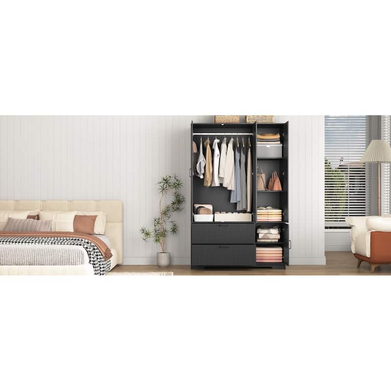 4 Doors Wardrobe Closet with Mirror, LED Wardrobe with Doors and 2 Drawers, Wooden Wardrobe Storage Cabinet with Hanging Rod