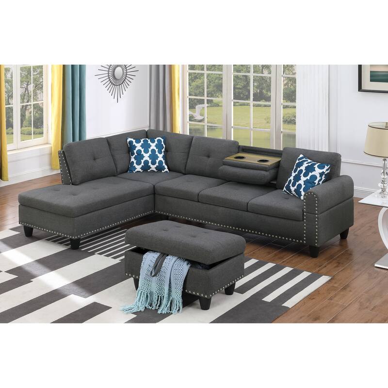 98" Wide Left Hand Facing Sofa & Chaise with Ottoman in Dark Gray Linen - Multi-Color