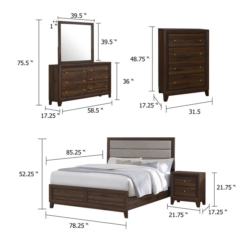 Yels 5 Piece King Bedroom Set, Gray Upholstery, Walnut Brown Wood