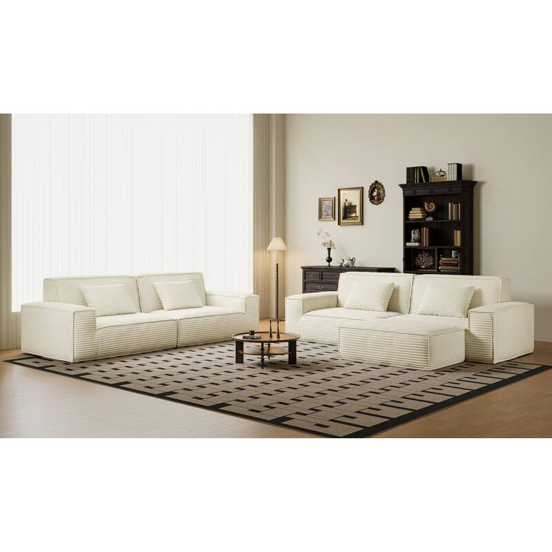 Anmytek Modern Large Striped Vacuum Compressed Full Sponge High Rebound Straight Sofa with Footstool Beige
