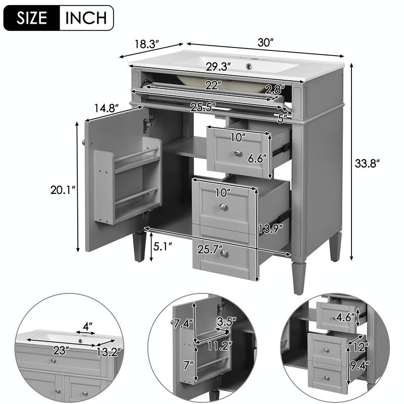 30" Bathroom Vanity with Mirror, Sink, and Storage Cabinet