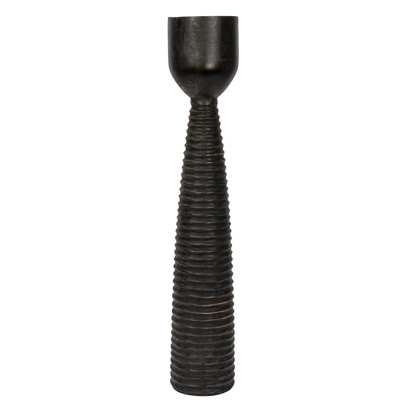 Hand-Carved Mango Wood Ribbed Candle Holder - 5.0"L x 5.0"W x 20.0"H