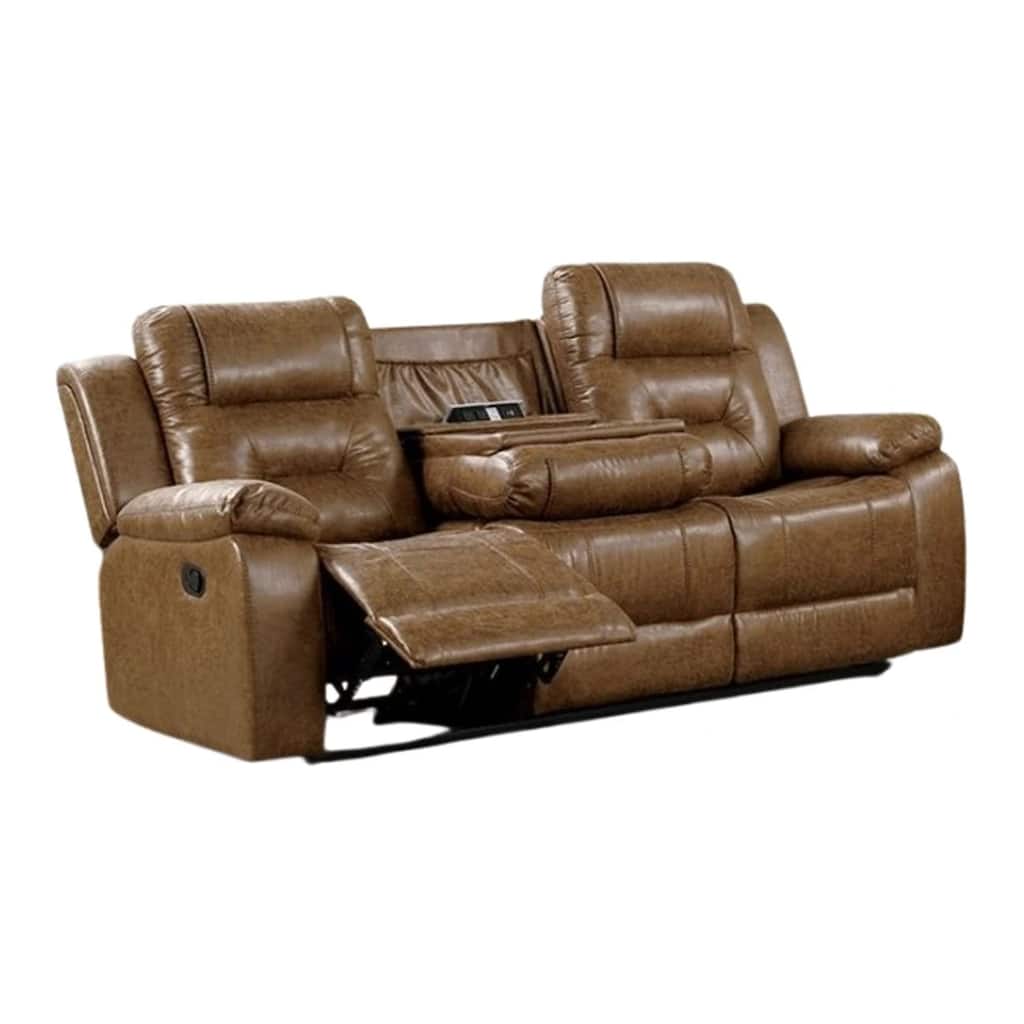 Kius Manual Recliner Sofa, Brown Faux Leather, 82 Inch, USB Chargers