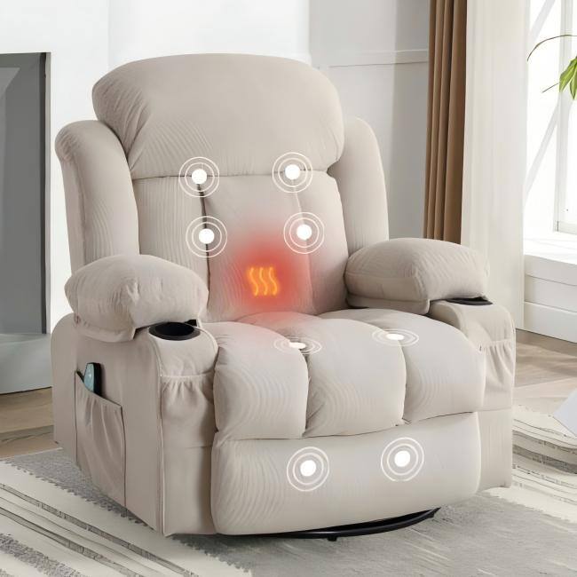 Swinging Recliner Massage Heated Sofa with USB, Cup Holders, Side Pockets, Eight Acupoint Massage - Beige