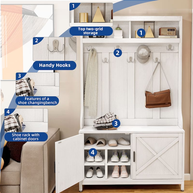 Moasis Farmhouse Hall Tree with Bench and Shoe Storage with 10 Hooks for Entryway
