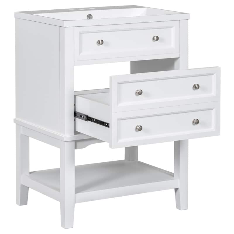24" White Bathroom Vanity with Sink - Solid Wood, Storage Drawer, Open Shelf, Freestanding Modern Design