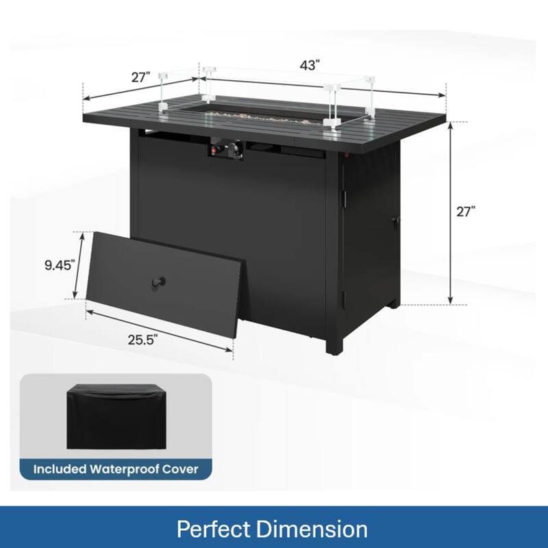 43" 2in1 Black Fire Pit Table with Lid & Glass Shield, 50000 BTU CSA Certified, Waterproof Cover