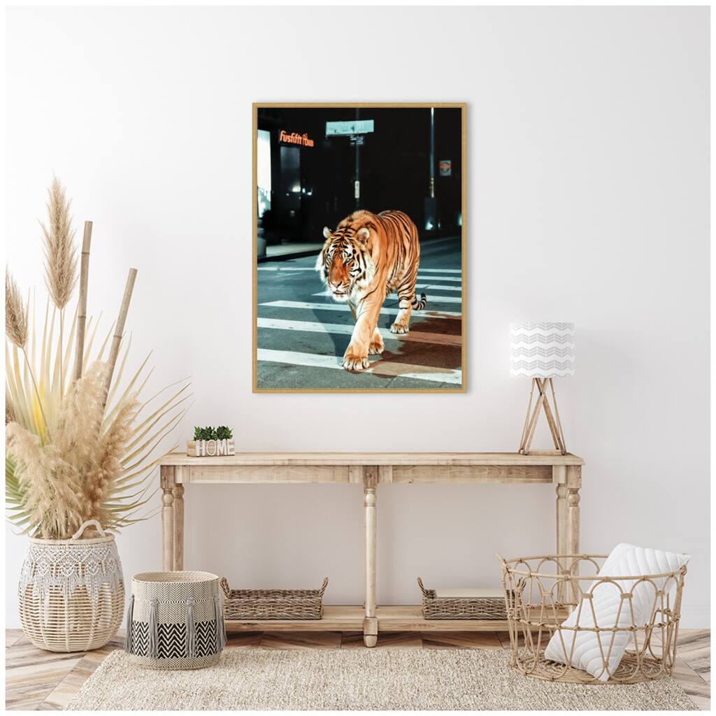 Kate and Laurel Sylvie Tiger in the City at Night 2 Framed Canvas by Michael Schauer