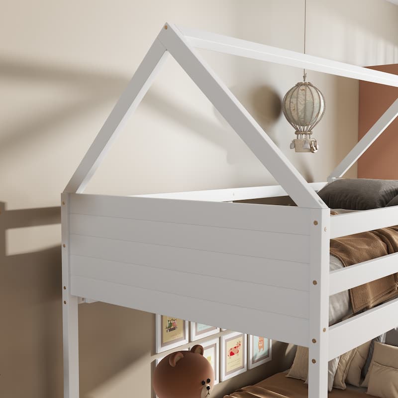Twin over Twin House Floor Bunk Bed w/ Headboards, Footboards and Ladder, Rubber Wood Bunk Bed w/ Safety Guardrails, White