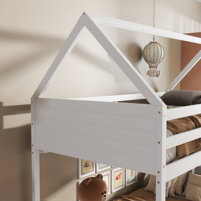 White Twin Over Twin House-Shaped Bunk Bed with Headboards, Footboards & Safety Guardrails