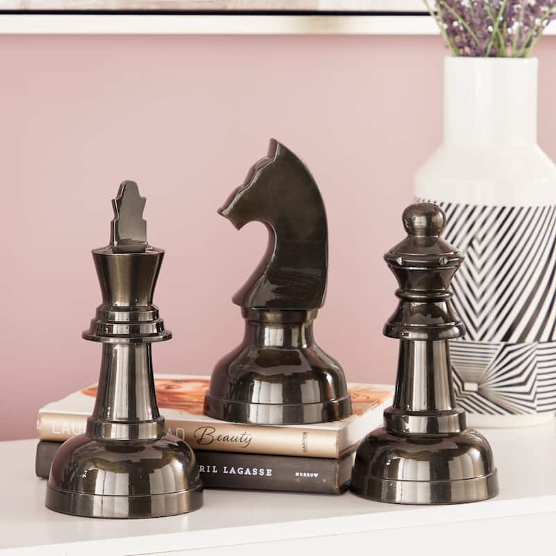 Aluminum Metal Chess Sculpture with Knight, Queen and King - Set of 3 Silver, Gold, Dark Gray - CosmoLiving by Cosmopolitan