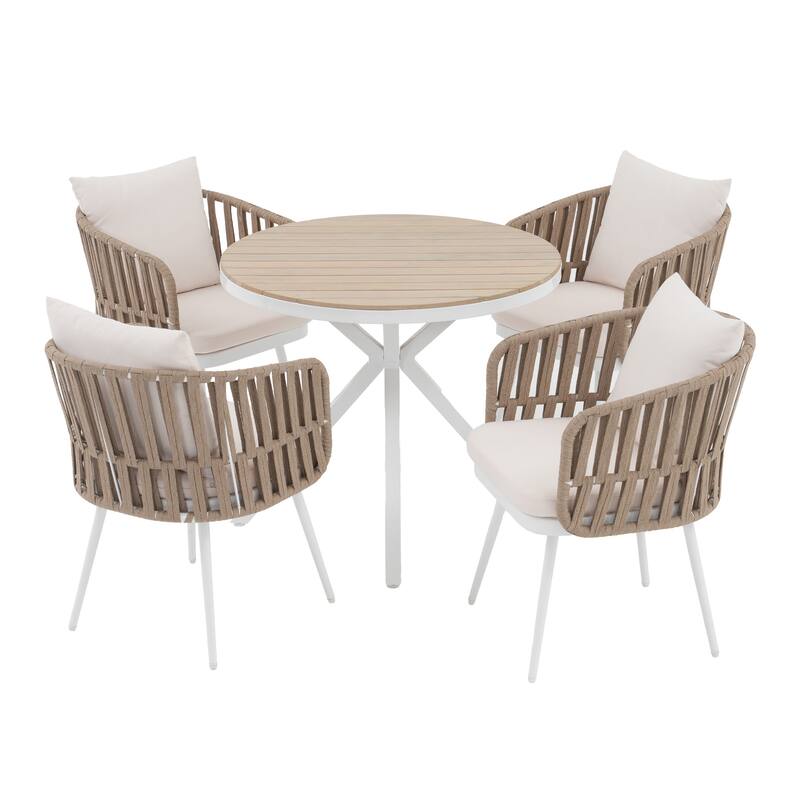 Acacia Wood Outdoor Dining Set - Round Table with 4 Metal Frame Rope Chairs