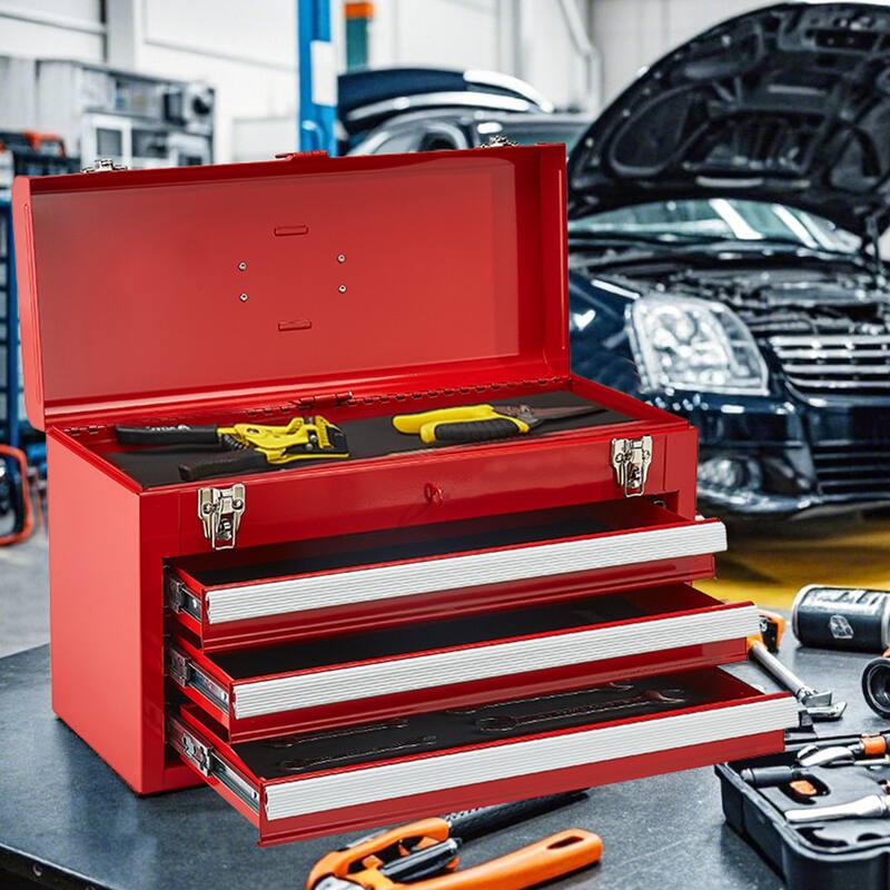 20.5 Inch Red Portable Metal Toolbox with 3 Storage Drawers and Auto Locking System - 20.5 x 8.6 x 12 in