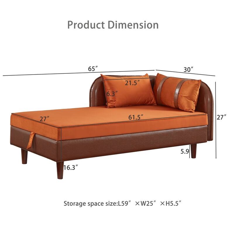 65" Storage Chaise Lounge Sofa with PU and Velvet Upholstery, Modern Sleeper Sofa with Hidden Storage