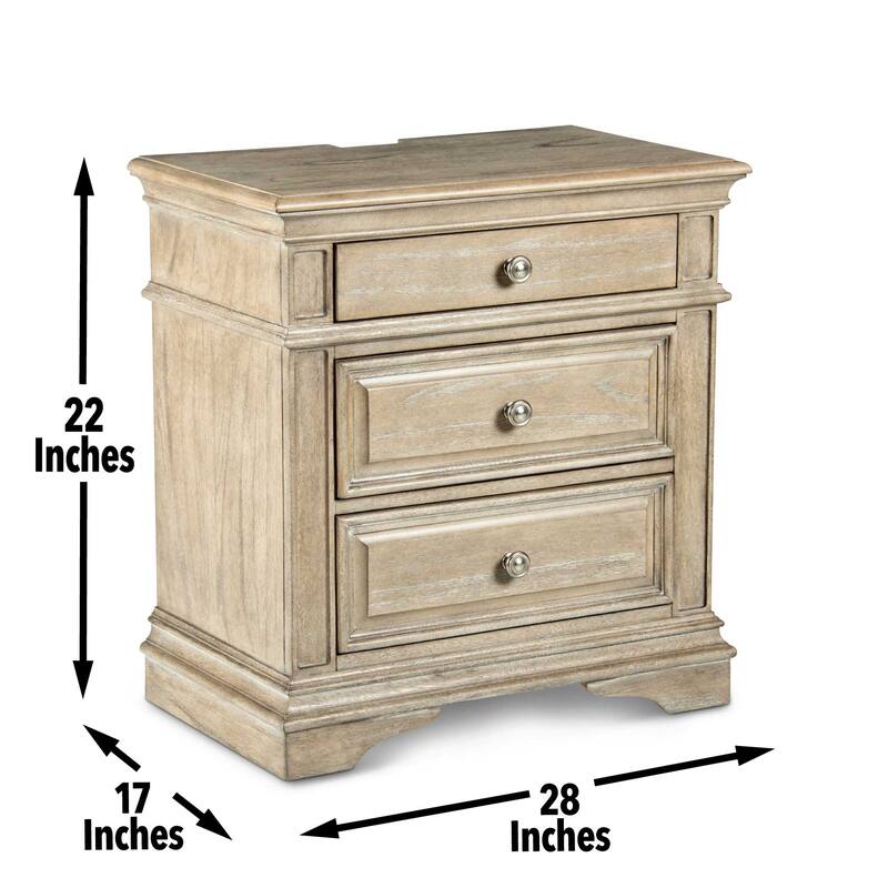 Highland Park Nightstand, Bedside Decorative Table with Nickle Hardware and 3-Drawer, Sofa Side Table with USB Port