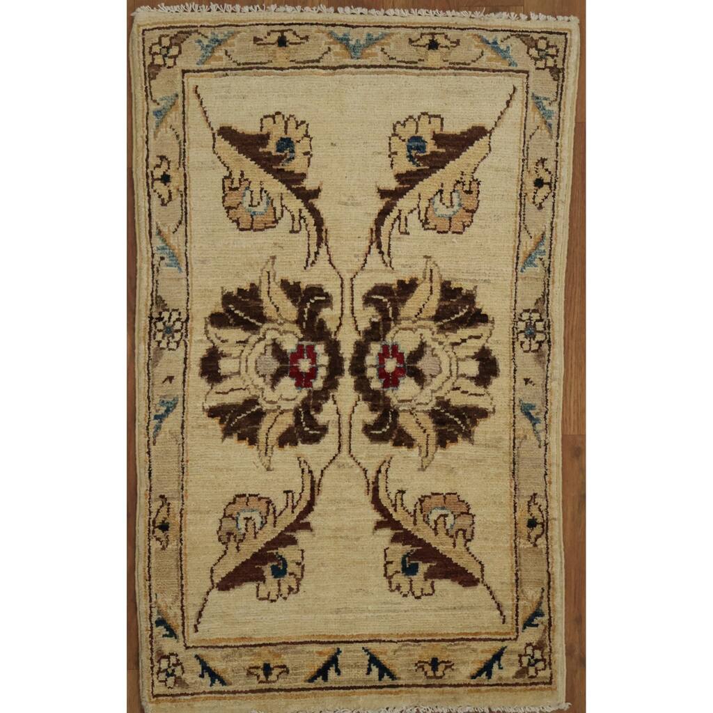 Hand Knotted Oriental 100% Wool Carpet Traditional Floral Beige & Ivories Peshawar Area Rug - 2' 11'' X 1' 10''