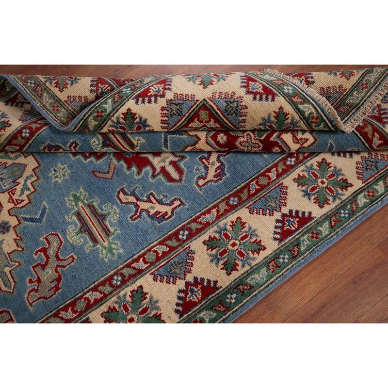 Blue Geometric Kazak Oriental Accent Rug Handmade Wool Carpet - 4'0" x 5'10"