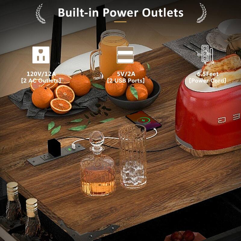 Anmytek Farmhouse Kitchen Island Cart with Drop Leaf and Power Outlets - Rolling Cart with Barn Doors and Metal Grid Side Door