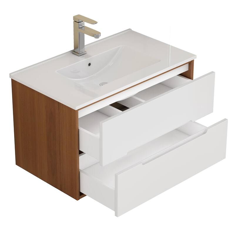 32 Inch Floating Bathroom Vanity with Sink & Double Drawers, Wall-Mounted Bathroom Vanity Base with Ceramic Basin