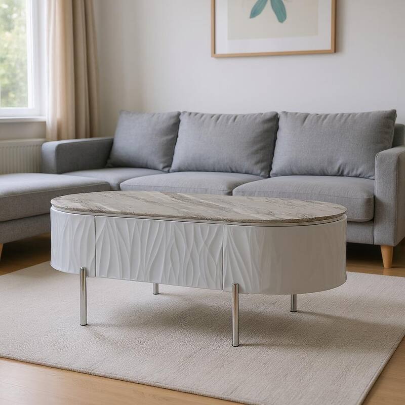 HomeRoots 47" Gray Wood and Steel Oval Coffee Table With Drawer - 47.00 in. x 18.00 in. x 24.00 in. - Gray