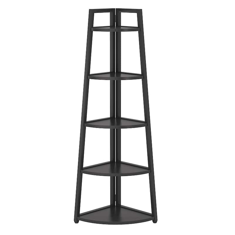 Brown/ Black Corner Ladder Shelf,5 Tier Corner Bookshelf Bookcase, White/ Gold 70 Inch Tall Display Rack for Small Space