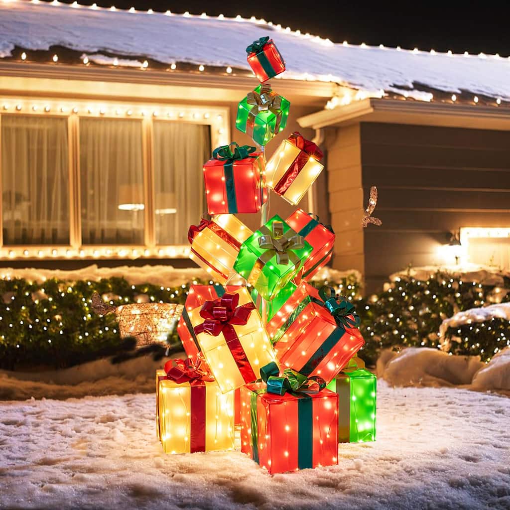 Costway 5.6 FT Pre-Lit Gift Box Tower with Bowknot & 483 LED Light - as pic shows - See Details