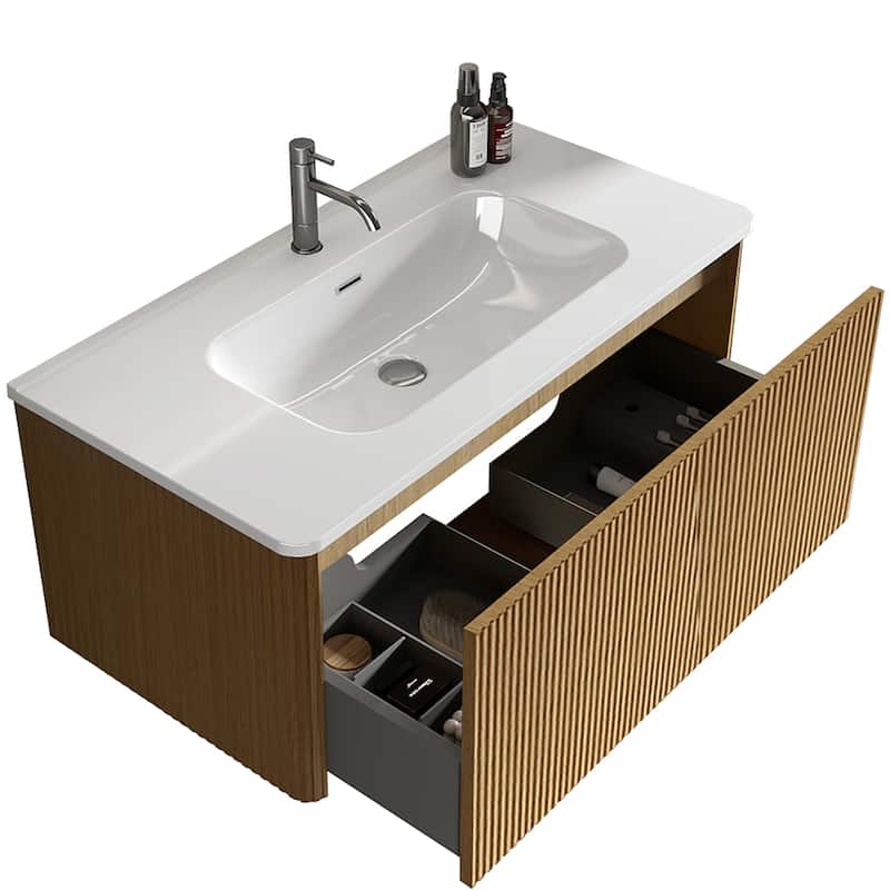 36"StripedBathroom Vanity with White Ceramic Sink, Wall Mounted Floating Bathroom Vanity,Pre-assembled