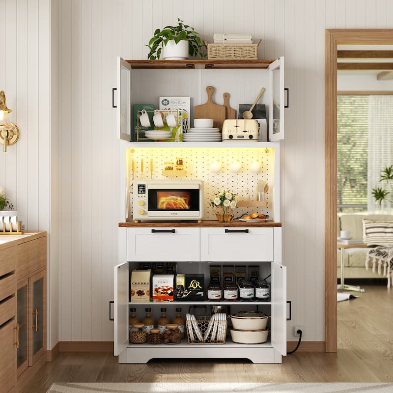 71" Kitchen Pantry Storage Cabinet with LED Light & Power Outlet, Freestanding Buffet Cabinet with Microwave Stand and Doors