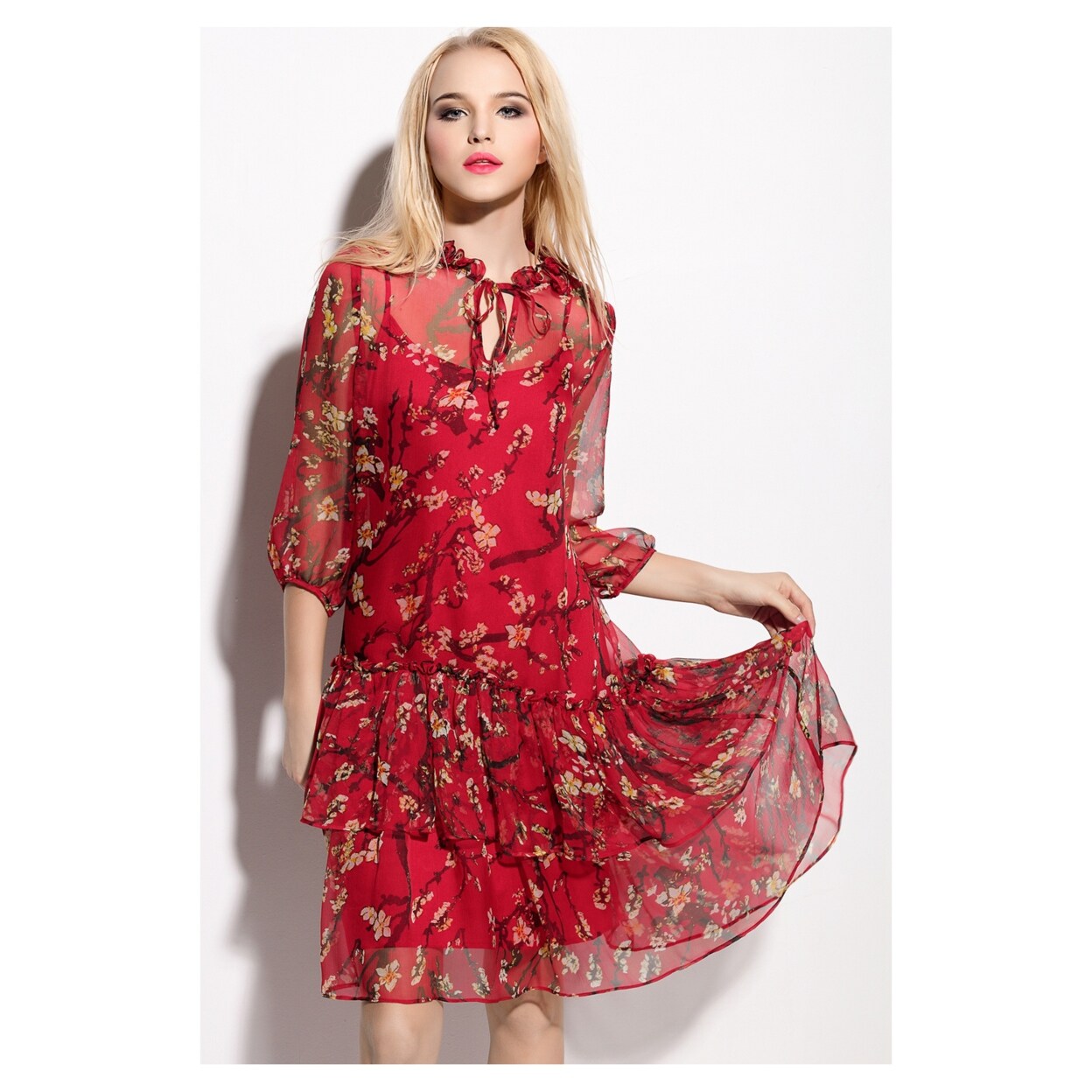 red floral chiffon dress